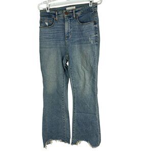 Loft Curvy High Waist Flare Crop Denim Jeans Size 0 Distressed Hem Blue